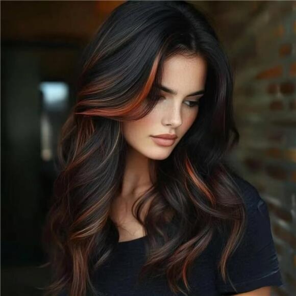 Other - Layered Wavy Wigs with Curtain Bangs for Women, Highlight Orange